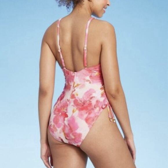 Women's Plunge Side Tie One Piece Swimsuit Shade & Shore Multi Floral Print XL - Picture 2 of 9